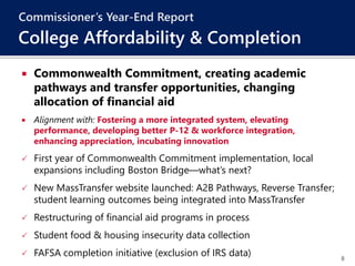 8
 Commonwealth Commitment, creating academic
pathways and transfer opportunities, changing
allocation of financial aid
 Alignment with: Fostering a more integrated system, elevating
performance, developing better P-12 & workforce integration,
enhancing appreciation, incubating innovation
 First year of Commonwealth Commitment implementation, local
expansions including Boston Bridge—what’s next?
 New MassTransfer website launched: A2B Pathways, Reverse Transfer;
student learning outcomes being integrated into MassTransfer
 Restructuring of financial aid programs in process
 Student food & housing insecurity data collection
 FAFSA completion initiative (exclusion of IRS data)
Commissioner’s Year-End Report
College Affordability & Completion
 