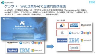 クラウド、Web企業がAIで歴史的提携発表
8
2016年9月、人工知能の普及とベストプラクティスを共有する非営利団体「Partnership on AI」を設立。
AIの倫理や公平性、プライバシー、透明性などを共同で研究し、その成果を公表することを目的とする。
2017年に入り、さらに参画企業、団体を増加して、協力体制を強化。
2017年1月
 