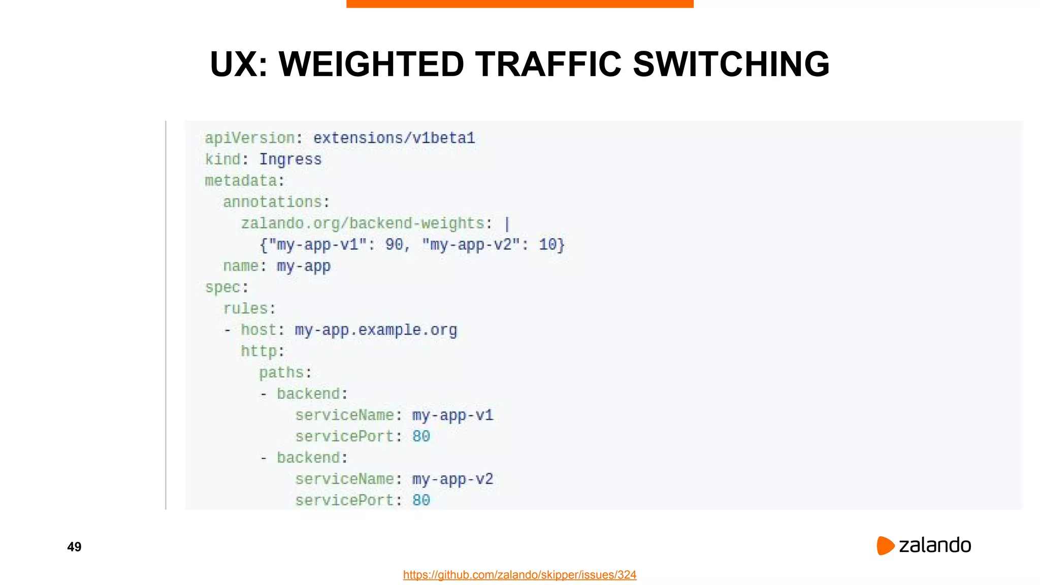 49
UX: WEIGHTED TRAFFIC SWITCHING
https://github.com/zalando/skipper/issues/324
 