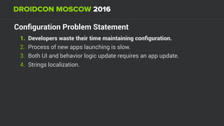 Conﬁguration Problem Statement
1. Developers waste their time maintaining conﬁguration.
2. Process of new apps launching is slow.
3. Both UI and behavior logic update requires an app update.
4. Strings localization.
 
