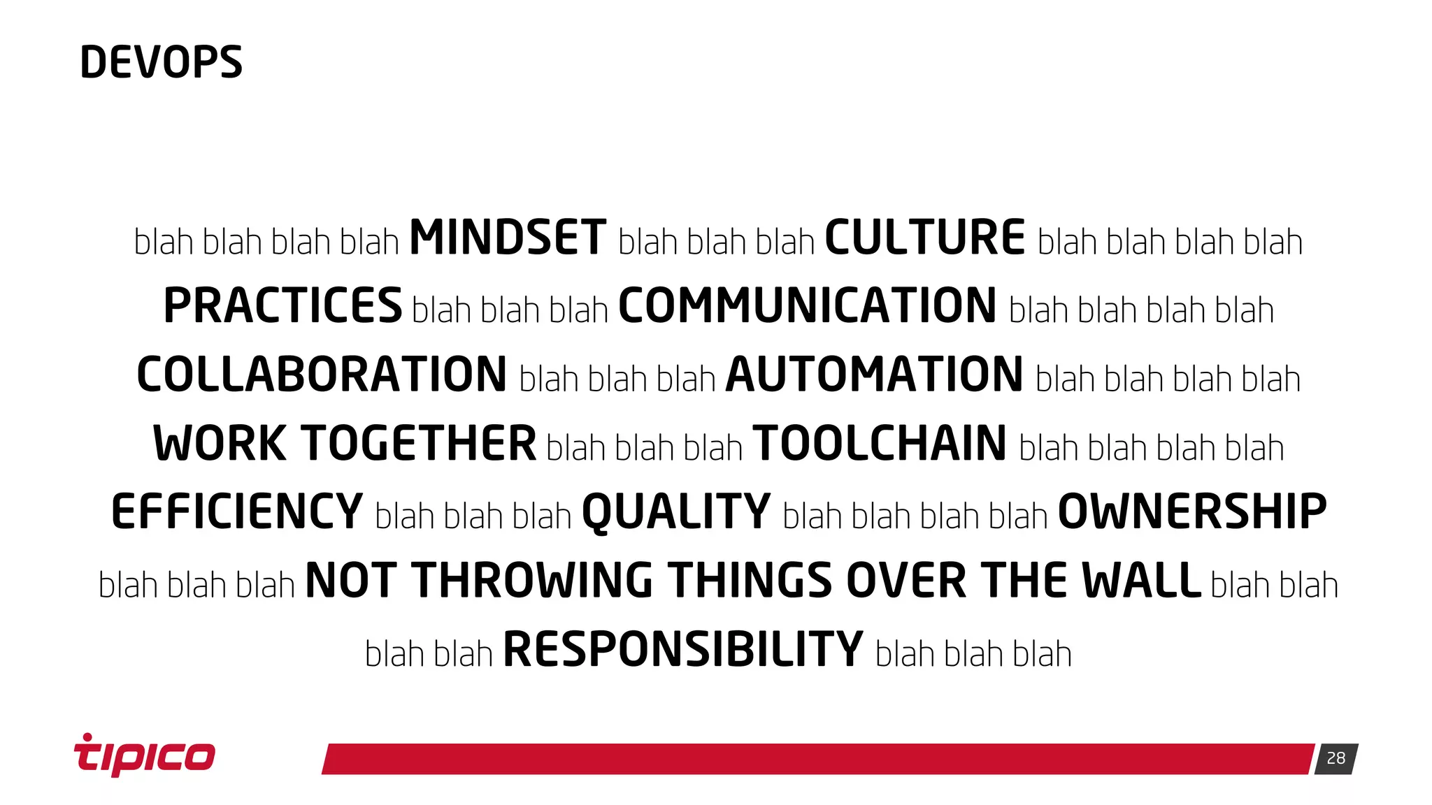 28
DEVOPS
blah blah blah blah MINDSET blah blah blah CULTURE blah blah blah blah
PRACTICES blah blah blah COMMUNICATION blah blah blah blah
COLLABORATION blah blah blah AUTOMATION blah blah blah blah
WORK TOGETHER blah blah blah TOOLCHAIN blah blah blah blah
EFFICIENCY blah blah blah QUALITY blah blah blah blah OWNERSHIP
blah blah blah NOT THROWING THINGS OVER THE WALL blah blah
blah blah RESPONSIBILITY blah blah blah
 