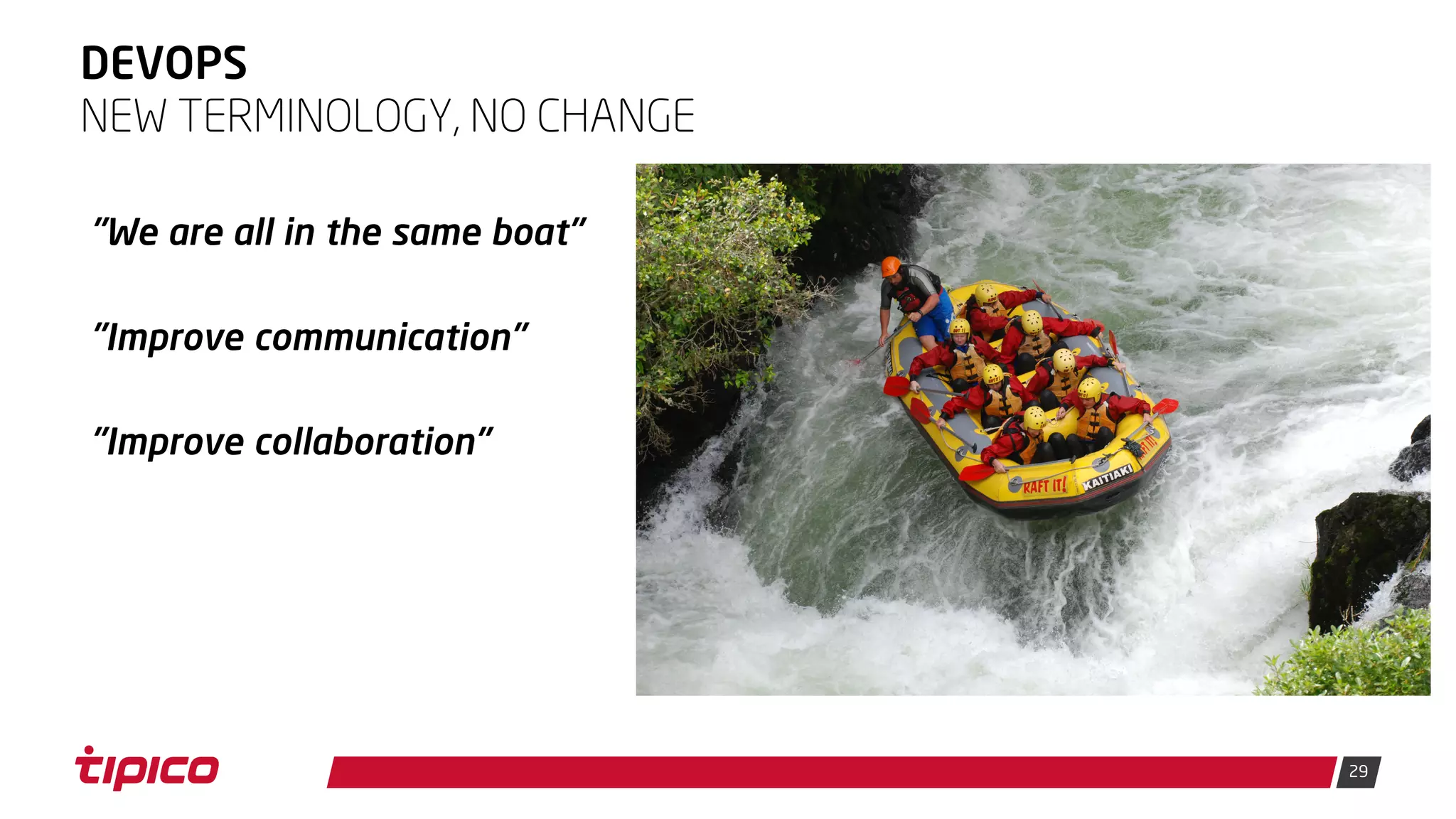 29
DEVOPS
"We are all in the same boat"
"Improve communication"
"Improve collaboration"
NEW TERMINOLOGY, NO CHANGE
 
