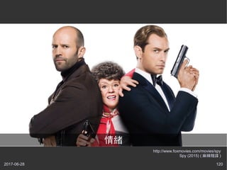 2017-06-28 120
http://www.foxmovies.com/movies/spy
Spy (2015) ( 麻辣賤諜 )
情緒
 