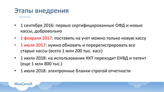 Этапы	внедрения
• 1	сентября	2016:	первые	сертифицированные	ОФД	и	новые	
кассы,	добровольно
• 1	февраля	2017:	поставить	на	учет	можно	только	новую	кассу
• 1	июля	2017:	нужно	обновить	и	перерегистрировать	все	
старые	кассы	(всего	1	млн	200	тыс.	касс)
• 1	июля	2018:	на	использование	ККТ	переходит	ЕНВД	и	патент	
(еще	1	млн	800	тыс.)
• 1	июля	2018:	электронные	бланки	строгой	отчетности
 