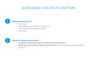 Réduction des couts :
• Archivage
• Déchargement d’entrepôt de données
• ETL (Extract-Transform-Load)
• Fail-Over
Elargir le champs des possibles :
• Analyser et tirer de la valeur des données de l’entreprise
• Analyser des données exogènes de l’entreprise et les corréler avec des données
internes
QUELQUES CAS D’UTILISATION
2
1
 