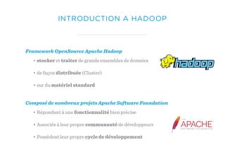 INTRODUCTION A HADOOP
Framework OpenSource Apache Hadoop
• stocker et traiter de grands ensembles de données
• de façon distribuée (Cluster)
• sur du matériel standard
Composé de nombreux projets Apache Software Foundation
• Répondant à une fonctionnalité bien précise
• Associés à leur propre communauté de développeurs
• Possèdent leur propre cycle de développement
 