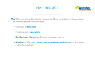 MAP REDUCE
• Composé de Mappers
• Fonctionnant en parallèle
• Stockage sur disque des données en entrée et sortie
• Sorties des Mappers = enregistrements intermédiaires sous forme d’un
couple (clef, valeur)
Map: Décomposition d’une tache en un ensemble de tache plus petite produisant
un sous ensemble du résultat final
 