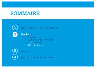 Big Data & son écosystème
Hadoop
• Introduction
• Composants Primaires
• Écosystème
• Distributions
Spark
Conclusion & Questions
SOMMAIRE
1
2
3
4
 