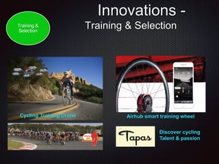 Innovations -
Training & Selection
Airhub smart training wheelCycling Training Drone
Discover cycling
Talent & passion
Training &
Selection
 