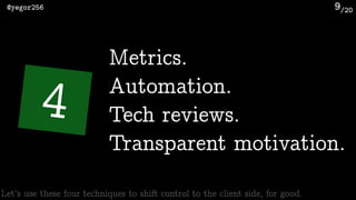 /20@yegor256 9
4
Metrics.
Automation.
Tech reviews.
Transparent motivation.
Let’s use these four techniques to shift control to the client side, for good.
 