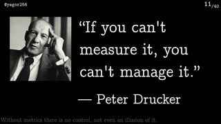 /40@yegor256 11
“If you can't
measure it, you
can't manage it.”
Without metrics there is no control, not even an illusion of it.
— Peter Drucker
 