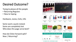 Trying to please all the people
• Returning Regulars
• New to Vaping
Hardware, Juices, Coils, Info
Some want a quick restock
Some are completely lost
Who does this page serve best?
How do Clicks Forward split?
New | Returning?
Desired Outcome?
 