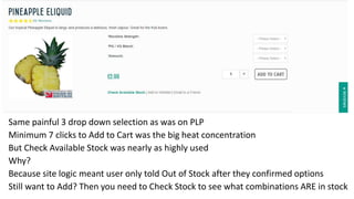 Same painful 3 drop down selection as was on PLP
Minimum 7 clicks to Add to Cart was the big heat concentration
But Check Available Stock was nearly as highly used
Why?
Because site logic meant user only told Out of Stock after they confirmed options
Still want to Add? Then you need to Check Stock to see what combinations ARE in stock
 