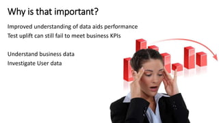 Why is that important?
Improved understanding of data aids performance
Test uplift can still fail to meet business KPIs
Understand business data
Investigate User data
 