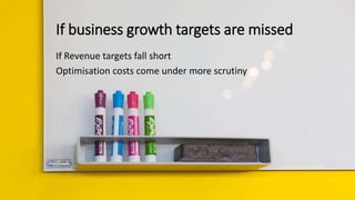 If business growth targets are missed
If Revenue targets fall short
Optimisation costs come under more scrutiny
 