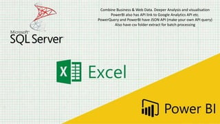 Combine Business & Web Data. Deeper Analysis and visualisation
PowerBI also has API link to Google Analytics API etc.
PowerQuery and PowerBI have JSON API (make your own API query)
Also have csv folder extract for batch processing
 