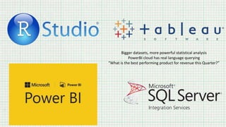 Bigger datasets, more powerful statistical analysis
PowerBI cloud has real language querying
“What is the best performing product for revenue this Quarter?”
 