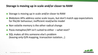 28 © Hortonworks Inc. 2011 – 2017 All Rights Reserved
Storage is moving up in scale and/or closer to RAM
⬢ Storage is moving up in scale and/or closer to RAM
⬢ Blobstore APIs address some scale issues, but don't match app expectations
for file/dir behaviour; inefficient read/write model
⬢ Non volatile memory is the other radical change
⬢ Posix metaphor/API isn't suited to either —what next?
⬢ SQL makes all this someone else's problem
(leaving only O/R mapping, transaction isolation...)
 