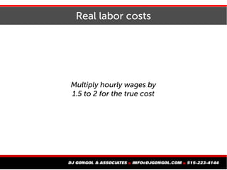 Real labor costs
Multiply hourly wages by
1.5 to 2 for the true cost
 