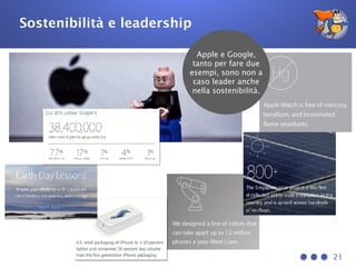 Sostenibilità e leadership
21
Apple e Google,
tanto per fare due
esempi, sono non a
caso leader anche
nella sostenibilità.
 