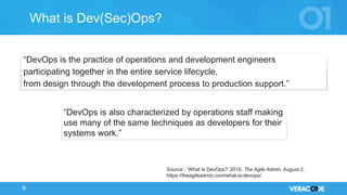 © 2017 VERACODE INC. 6
What is Dev(Sec)Ops?
“DevOps is the practice of operations and development engineers
participating together in the entire service lifecycle,
from design through the development process to production support.”
“DevOps is also characterized by operations staff making
use many of the same techniques as developers for their
systems work.”
Source : ‘What Is DevOps?’ 2010. The Agile Admin. August 2.
https://theagileadmin.com/what-is-devops/.
 