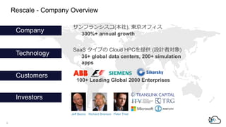 ե󥷥(), |ե
300%+ annual growth
SaaS פ Cloud HPCṩ (OӋߌ)
36+ global data centers, 200+ simulation
apps
Company
Technology
Customers
Investors
100+ Leading Global 2000 Enterprises
Peter ThielJeff Bezos Richard Branson
Rescale - Company Overview
3
 