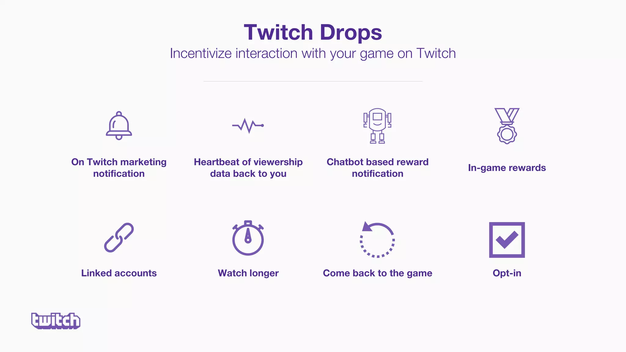 Twitch Drops
Incentivize interaction with your game on Twitch
On Twitch marketing
notification
Heartbeat of viewership
data back to you
In-game rewards
Chatbot based reward
notification
Linked accounts Come back to the gameWatch longer Opt-in
 