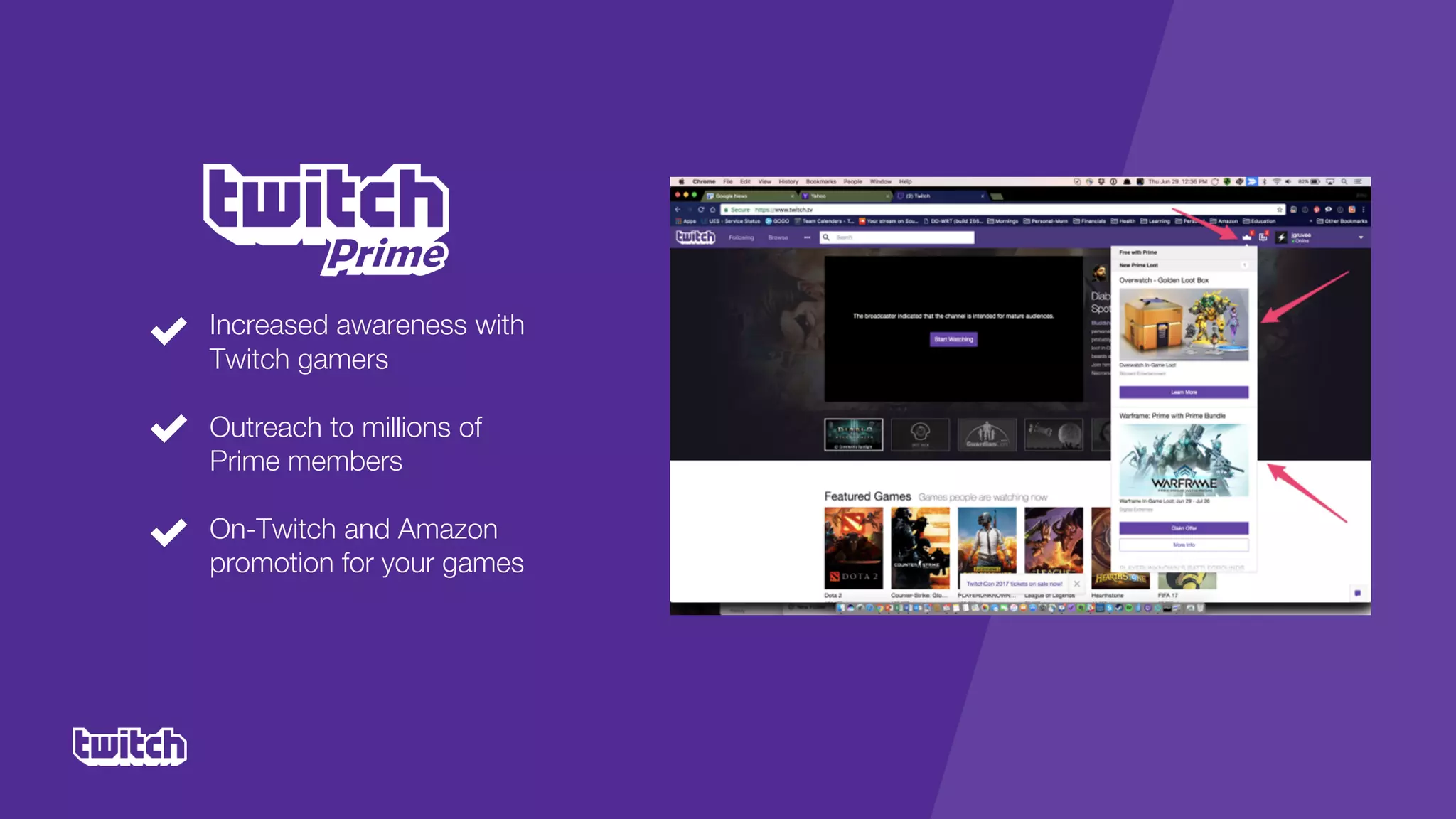 Increased awareness with
Twitch gamers
Outreach to millions of
Prime members
On-Twitch and Amazon
promotion for your games
 