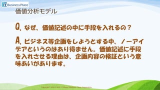 Copyright 2013-2017 Takumi Business Place Corporation.Copyright 2013-2017 Takumi Business Place Corporation.
価値分析モデル
Q.なぜ、価値記述の中に手段を入れるの？
A.ビジネス等企画をしようとする中、ノーアイ
デアというのはあり得ません。価値記述に手段
を入れさせる理由は、企画内容の検証という意
味あいがあります。
 
