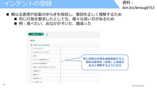 11 © 2017 IBM Corporation
資料：
ibm.biz/bmxug0712
インテントの登録
 異なる表現や言葉のゆらぎを吸収し、意図を正しく理解するため
 同じ行為を要求したとしても、様々な言い方があるため
 例：食べたい、おなかがすいた、腹減った
同じ意図の文章を複数登録すると、
類似の表現を「食事」に関係が
あると理解するようになる
 