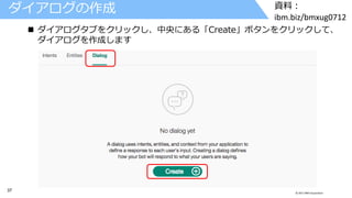 37 © 2017 IBM Corporation
資料：
ibm.biz/bmxug0712
ダイアログの作成
 ダイアログタブをクリックし、中央にある「Create」ボタンをクリックして、
ダイアログを作成します
 