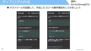43 © 2017 IBM Corporation
資料：
ibm.biz/bmxug0712
ダイアログの作成
 テストツールを起動して、作成したフローの動作確認をしてみましょう
 