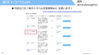 46 © 2017 IBM Corporation
資料：
ibm.biz/bmxug0712
楽天トラベルAPI
 今回はこの「楽天トラベル空室検索API」を使います！
https://webservice.rakuten.co.jp/document/#travelApi
 