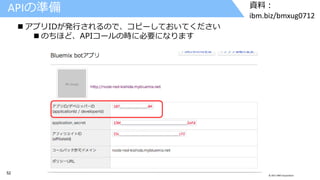52 © 2017 IBM Corporation
資料：
ibm.biz/bmxug0712
APIの準備
 アプリIDが発行されるので、コピーしておいてください
 のちほど、APIコールの時に必要になります
 