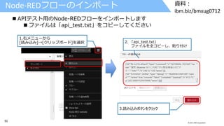 53 © 2017 IBM Corporation
資料：
ibm.biz/bmxug0712
2. 「api_test.txt」
ファイルを全コピーし、貼り付け
1.右メニューから
[読み込み]→[クリップボード]を選択
3.読み込みボタンをクリック
Node-REDフローのインポート
 APIテスト用のNode-REDフローをインポートします
 ファイルは「api_test.txt」をコピーしてください
 