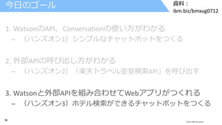 56 © 2017 IBM Corporation
資料：
ibm.biz/bmxug0712
1. WatsonのAPI、Conversationの使い方がわかる
– （ハンズオン1）シンプルなチャットボットをつくる
2. 外部APIの呼び出し方がわかる
– （ハンズオン2）「楽天トラベル空室検索API」を呼び出す
3. Watsonと外部APIを組み合わせてWebアプリがつくれる
– （ハンズオン3）ホテル検索ができるチャットボットをつくる
今日のゴール
 