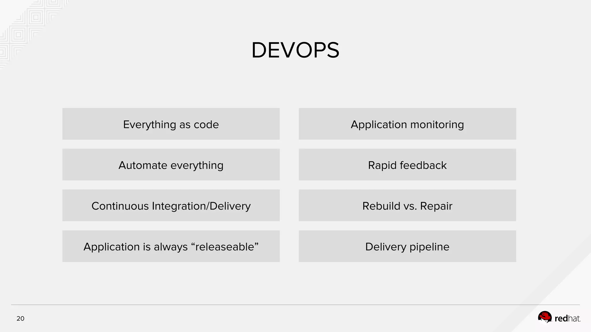 DEVOPS
Everything as code
Automate everything
Application is always “releaseable”
Continuous Integration/Delivery
Application monitoring
Rapid feedback
Delivery pipeline
Rebuild vs. Repair
20
 