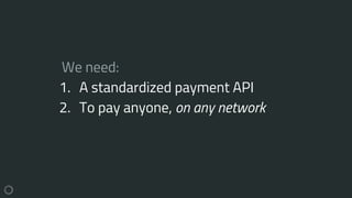 We need:
1. A standardized payment API
2. To pay anyone, on any network
 