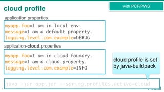 cloud profile
8
with PCF/PWS
myapp.foo=I am in local env.
message=I am a default property.
logging.level.com.example=DEBUG
myapp.foo=I am in cloud foundry.
message=I am a cloud property.
logging.level.com.example=INFO
application.properties
application-cloud.properties
java -jar app.jar --spring.profiles.active=cloud
cloud profile is set
by java-buildpack
 