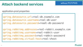 Attach backend services
10
without PCF/PWS
spring.datasource.url=real-db.example.com
spring.datasource.username=real-db-user
spring.datasource.password=readl-db-password
spring.rabbitmq.addresses=real-rabbit.example.com
spring.rabbitmq.username=real-rabbit-user
spring.rabbitmq.password=real-rabbit-password
spring.rabbitmq.virtual-host=real-vhost
application-prod.properties
 