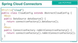 Spring Cloud Connectors
12
with PCF/PWS
@Profile("cloud")
public class CloudConfig extends AbstractCloudConfig {
@Bean
public DataSource dataSource() {
return connectionFactory().dataSource();
}
@Bean
public ConnectionFactory rabbitConnectionFactory() {
return connectionFactory().rabbitConnectionFactory();
}
}
 