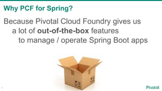 Why PCF for Spring?
4
Because Pivotal Cloud Foundry gives us
a lot of out-of-the-box features
to manage / operate Spring Boot apps
 