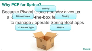 Why PCF for Spring?
4
Because Pivotal Cloud Foundry gives us
a lot of out-of-the-box features
to manage / operate Spring Boot apps
12 Factors Apps
Microservices
Security
Tracing
Metrics
 