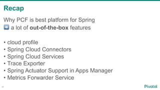 Recap
58
Why PCF is best platform for Spring
➡ a lot of out-of-the-box features
• cloud profile
• Spring Cloud Connectors
...