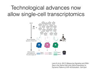 Technological advances now
allow single-cell transcriptomics
Lane K et at. (2017) Measuring Signaling and RNA-
Seq in the Same Cell Links Gene Expression to
Dynamic Patterns of NF-κB Activation. Cell Syst
 