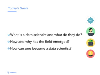 Today’s Goals
What is a data scientist and what do they do?
How and why has the ﬁeld emerged?
How can one become a data scientist?
 