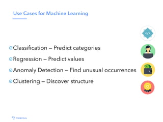 Use Cases for Machine Learning
Classiﬁcation — Predict categories
Regression — Predict values
Anomaly Detection — Find unusual occurrences
Clustering — Discover structure
 