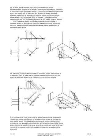 FADU UBA SISTEMAS DE REPRESENTACIÓN GEOMÉTRICA
CÁTEDRA ARQ. GARCÍA CANO
ASM .13
3A_ MONGE. Proyectamos el rayo -tanto horizontal como vertical
respectivamente- a través de un vértice o punto significativo elegido, -definidos
en las proyecciones horizontal y vertical-. Cuando alguna de estas proyecciones
llega a otro objeto -que en este caso será el plano de tierra o geometral y
podemos identificarlo en la proyección vertical- hemos encontrado el lugar
donde el vértice o punto elegido arroja su sombra, y solamente restará
trasladarlo hacia la otra proyección por medio de una auxiliar, para ahí definirlo.
AXO. A través del vértice o punto elegido proyectamos el vector, y
utilizando el dato de la proyección horizontal del vértice, trazo la proyección
horizontal del rayo luminoso. Donde se encuentran hemos determinado la
sombra de dicho vértice.
3B_ Hacemos lo mismo para con todos los vértices o puntos significativos de
mi separatriz. Será de notar que los vértices que estén en contacto con otro
objeto (en este caso el geometral) coincidirán con su sombra arrojada.
Si los vértices son él limite extremo de las aristas que conforman la separatriz,
y los puntos, lugares significativos de las separatrices curvas, las sombras de
estas podrán quedar definidas simplemente uniendo las sombras de dichos
vértices y puntos. (estos últimos deberán ser suficientes como para poder definir
las sombras curvas satisfactoriamente, teniendo en cuenta que estas, en la gran
mayoría de los casos se verán deformadas con respecto a las aristas que las
generaron)
 