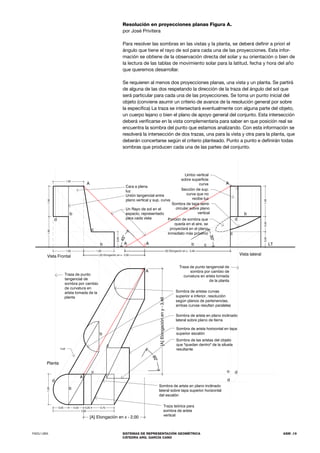 FADU UBA SISTEMAS DE REPRESENTACIÓN GEOMÉTRICA
CÁTEDRA ARQ. GARCÍA CANO
ASM .19
Resolución en proyecciones planas Figura A.
por José Privitera
Para resolver las sombras en las vistas y la planta, se deberá definir a priori el
ángulo que tiene el rayo de sol para cada una de las proyecciones. Esta infor-
mación se obtiene de la observación directa del solar y su orientación o bien de
la lectura de las tablas de movimiento solar para la latitud, fecha y hora del año
que queremos desarrollar.
Se requieren al menos dos proyecciones planas, una vista y un planta. Se partirá
de alguna de las dos respetando la dirección de la traza del ángulo del sol que
será particular para cada una de las proyecciones. Se toma un punto inicial del
objeto (conviene asumir un criterio de avance de la resolución general por sobre
la específica) La traza se intersectará eventualmente con alguna parte del objeto,
un cuerpo lejano o bien el plano de apoyo general del conjunto. Esta intersección
deberá verificarse en la vista complementaria para saber en que posición real se
encuentra la sombra del punto que estamos analizando. Con esta información se
resolverá la intersección de dos trazas, una para la vista y otra para la planta, que
deberán concertarse según el criterio planteado. Punto a punto e definirán todas
sombras que producen cada una de las partes del conjunto.
 