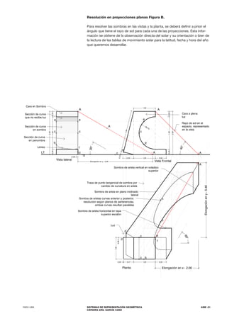 FADU UBA SISTEMAS DE REPRESENTACIÓN GEOMÉTRICA
CÁTEDRA ARQ. GARCÍA CANO
ASM .21
Resolución en proyecciones planas Figura B.
Para resolver las sombras en las vistas y la planta, se deberá definir a priori el
ángulo que tiene el rayo de sol para cada una de las proyecciones. Esta infor-
mación se obtiene de la observación directa del solar y su orientación o bien de
la lectura de las tablas de movimiento solar para la latitud, fecha y hora del año
que queremos desarrollar.
 